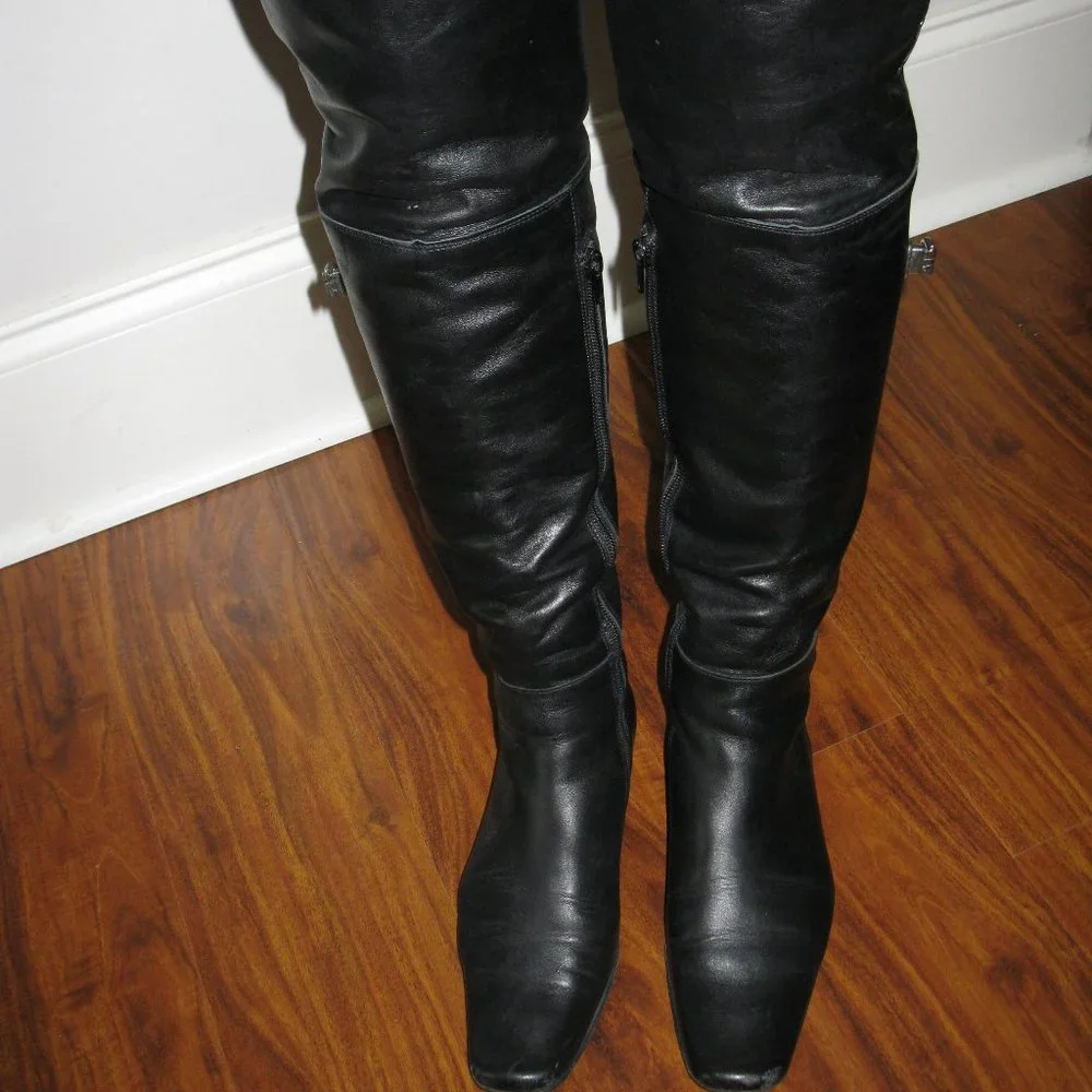 REDUCED Wmn Black Leather Side Zipper Block Heel Over The Knee Boots S 5.5 UK 3